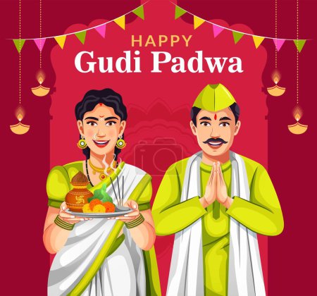 Decorated background of happy Gudi Padwa celebration of India. Maharashtrian family celebrate Hindu New Year. Another name Ugadi or Yugadi