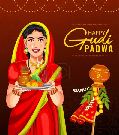 Vector illustration of Gudhi Padwa spring festival for the traditional New Year for Marathi and Konkani Hindus celebrated in Maharashtra poster design template