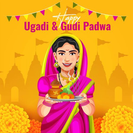 Vector illustration of traditional Indian festival celebration background for the New Year's Day Ugadi (Gudi Padwa, Yugadi)