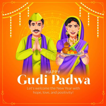 Vector illustration of traditional Indian festival celebration greeting card for the New Year's Day Ugadi (Gudi Padwa, Yugadi)