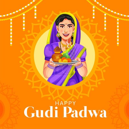 Happy Gudi Padwa mit dekoriertem Hintergrund zur Feier Indiens. Maharashtrische Frau in traditioneller Kleidung feiert Gudi Padwa-Fest