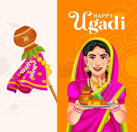 Creative illustration greeting card design of Happy Ugadi festival. Indian festival promotion and advertisement concept
