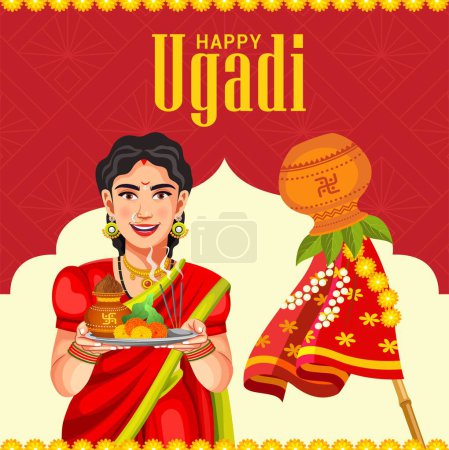 Vektorillustration des traditionellen Feiertags für Happy Ugadi. Gefeiert in den indischen Bundesstaaten Andhra Pradesh, Telangana und Karnataka