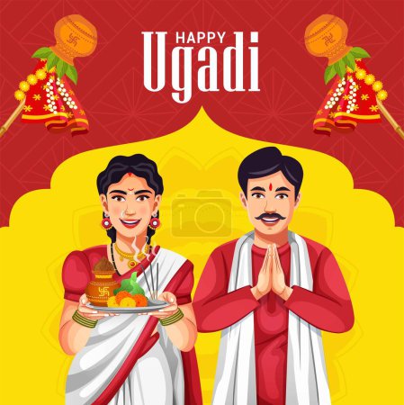 Vector illustration of traditional festival holiday background for Happy Ugadi. Celebrated in the states of Andhra Pradesh, Telangana, and Karnataka in India