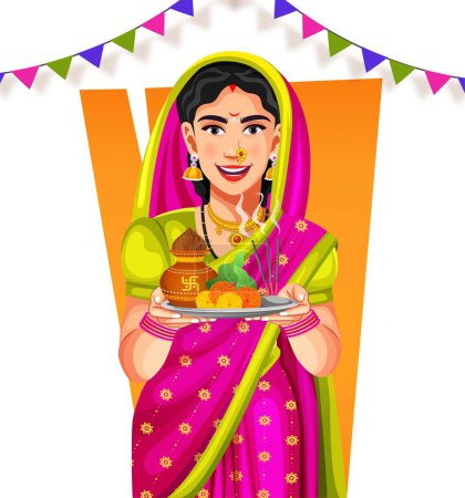 Vector graphic illustration of Indian women wearing traditional Marathi attire carrying puja thali in hand. Individually on a white background