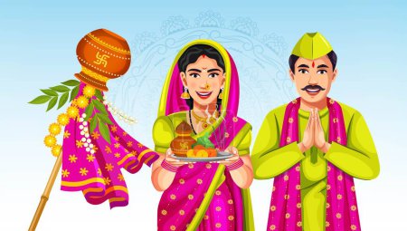 Illustration for Indian Couple performing or celebrating Gudi Padwa Puja. Marathi Indian couple praying in traditional attire - Royalty Free Image