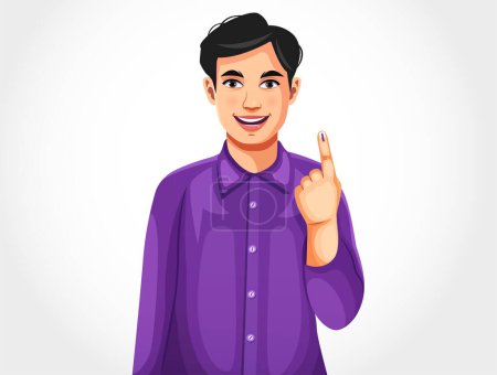 Muchacho indio alegre mostrando el dedo después de votar, votar por la India. Ilustración del concepto electoral indio