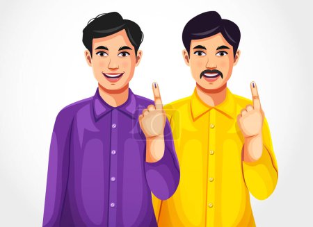 Ilustración de Los indios muestran sus dedos con marcas de tinta después de emitir un voto en las elecciones. Concepto electoral indio - Imagen libre de derechos