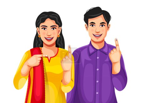 Los indios muestran sus dedos con marcas de tinta después de emitir un voto en las elecciones. Diseño de carácter de concepto de elección indio