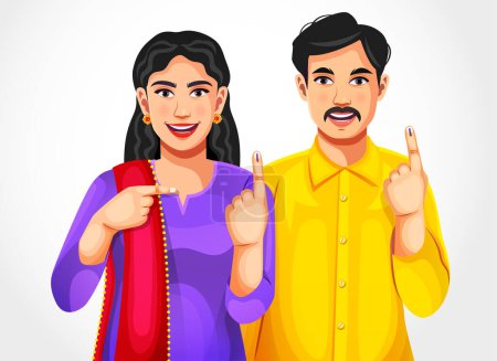 Los indios muestran sus dedos con marcas de tinta después de emitir un voto en las elecciones. Concepto electoral indio