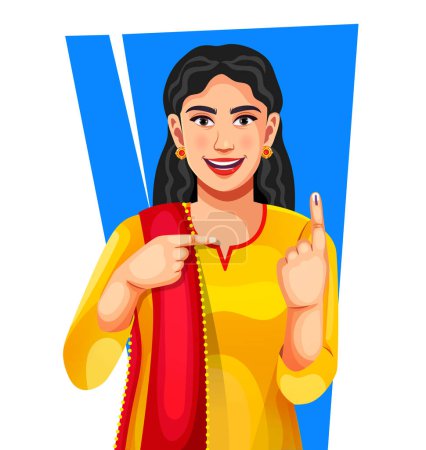 Fröhliche Inderin zeigt Finger nach Wahl, wählt Indien. Illustration zum indischen Wahlkonzept