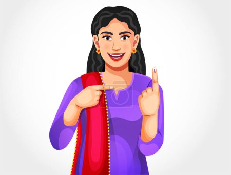 Glückliches indisches Mädchen lächelt und zeigt mit Tinte markiertes Fingerabstimmungsschild, isoliert auf weißem Hintergrund