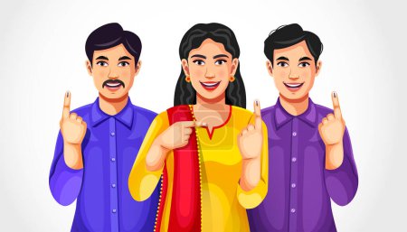 Ilustración vectorial de personas de diferentes religiones mostrando sus dedos de marca de tinta signo de voto de la India. Concepto de elección india