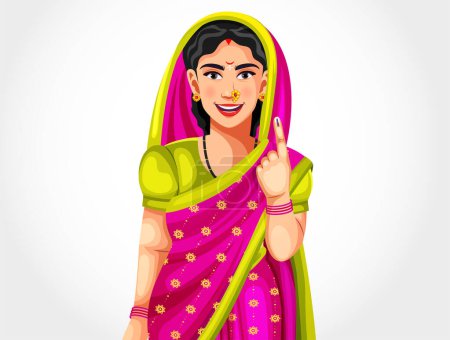 Ilustración de Una joven india mostrando su dedo marcado con tinta después de votar. Candidato femenino vota, aislado en un fondo blanco - Imagen libre de derechos