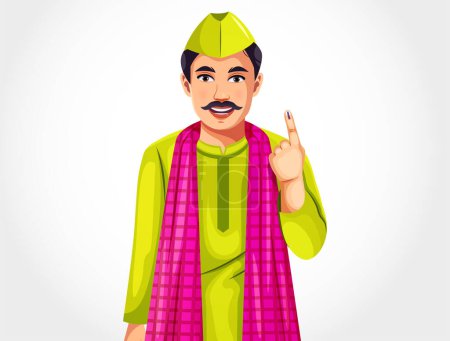 Un joven indio mostrando su dedo marcado con tinta después de votar. Candidato masculino votando, aislado en un fondo blanco