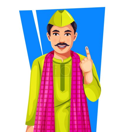 Ilustración de Un joven indio mostrando su dedo marcado con tinta después de votar. Candidatos masculinos que emiten votos, aislados sobre un fondo blanco - Imagen libre de derechos