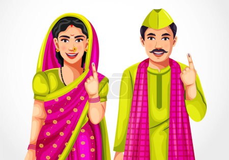 Una feliz pareja de indios mostrando sus dedos marcados con tinta después de votar. Una mujer del pueblo en un Saree impreso y un hombre en pijama kurta posando
