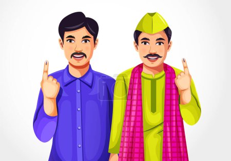 Ilustración de Un joven indio mostrando sus dedos marcados con tinta después de votar. Candidatos masculinos emitiendo sus votos - Imagen libre de derechos