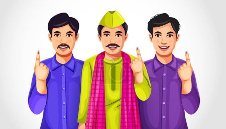 Ilustración de Agricultores indios mostrando el dedo marcado con tinta después de votar durante las elecciones indias - Concepto de elección india o sistema de emisión de votos - Imagen libre de derechos