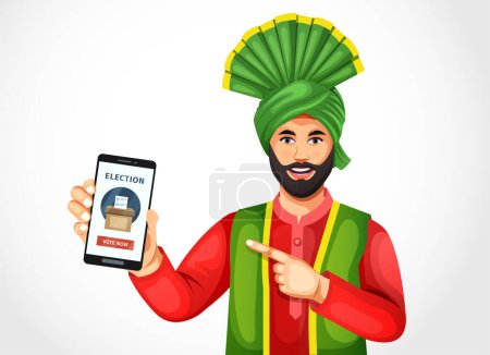 Vektor grafische Illustration Punjabi Mann zeigt und hält Smartphone mit Wahl-App auf dem Bildschirm. Konzept der Online-Abstimmung, E-Voting, Wahl Internet-System