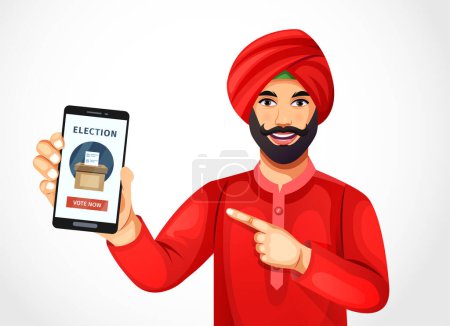 Vektor-Illustration des Punjabi-Mannes mit Smartphone und Online-Abstimmungskonzept auf dem Bildschirm isoliert auf weißem Hintergrund. Online-Abstimmung, E-Voting, Internet-Wahlsystem