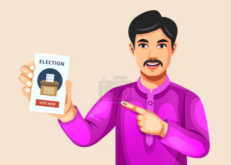 Indian man showing inked finger and voting card during the Indian general election. The card shows the ballot paper being inserted into the ballot box