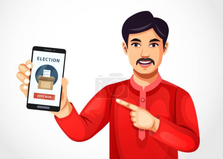 Vektorillustration eines indischen Mannes, der sein Smartphone mit dem Online-Abstimmungskonzept auf dem Bildschirm hält, isoliert auf weißem Hintergrund. Online-Abstimmung, E-Voting, Internet-Wahlsystem