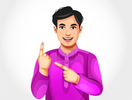 Ein junger indischer Mann lächelt und zeigt ein mit Tinte markiertes Fingerabstimmungszeichen, nachdem er seine Stimme abgegeben hat, isoliert auf weißem Hintergrund