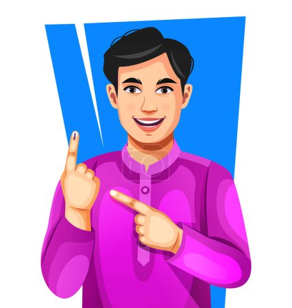 Ilustración de Joven indio sonriendo y mostrando el signo de voto del dedo marcado con tinta índice después de emitir un voto en las elecciones, aislado sobre un fondo blanco - Imagen libre de derechos