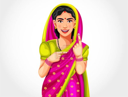 Vecteur d'une heureuse femme rurale indienne souriante montrant doigt marqué à l'encre votée lors d'une élection en regardant la caméra