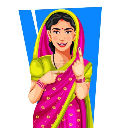 Vector de una feliz mujer rural india sonriente mostrando el dedo marcado con tinta de voto, durante una elección en las urnas mirando a la cámara
