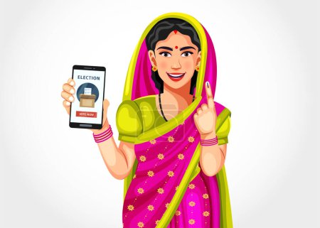 Vektorillustration indischer Landfrauen, die ihr Smartphone mit dem Online-Abstimmungskonzept auf dem Bildschirm halten, isoliert auf weißem Hintergrund. Online-Abstimmung, E-Voting, Internet-Wahlsystem