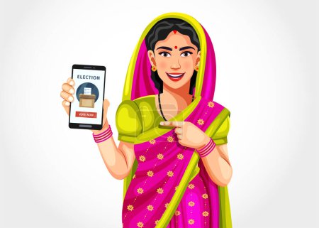 Frauen zeigen den Smartphone-Bildschirm nach vorne und verbreiten das Bewusstsein für Online-Abstimmungen während der indischen Parlamentswahl. Wahlkonzept in Indien