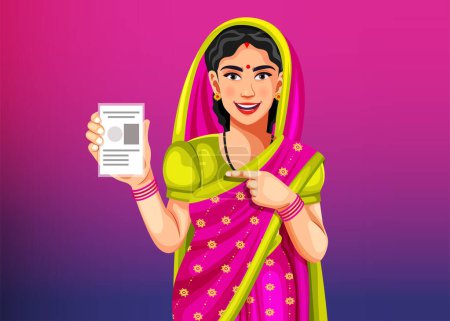 Am 25. Januar ist in Indien Nationaler Wahltag. Indische Landfrau mit lächelndem Gesicht zeigt Wahlkarte in der Hand - Wahlkonzept in Indien