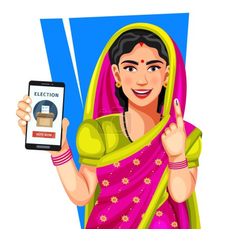 Women shows the smartphone screen forward and spread awareness about online voting during the Indian general election. Concept of Election in India