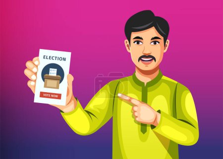 Indischer Mann mit Stinkefinger und Wahlkarte während der indischen Parlamentswahl. Die Karte zeigt den Stimmzettel, der in die Wahlurne gesteckt wird. Wahlkonzept in Indien