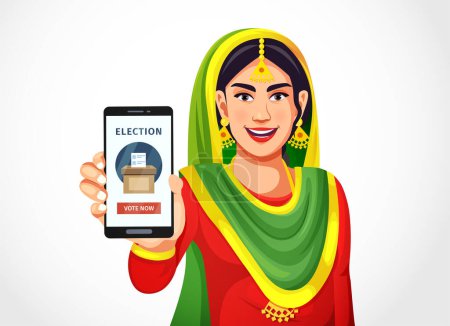 Frauen zeigen den Smartphone-Bildschirm nach vorne und verbreiten das Bewusstsein für Online-Abstimmungen bei den indischen Parlamentswahlen. Wahlkonzept in Indien