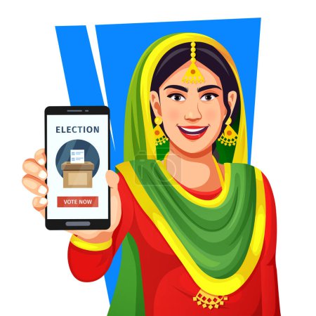Vector of an Indian woman holding a smartphone with the online voting concept on screen isolated on white background. Online Voting, E-voting, Election Internet system