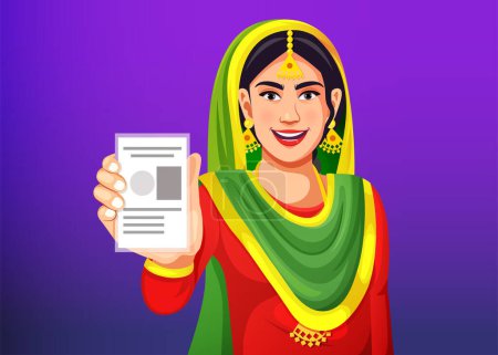 25 de enero Día Nacional de los Votantes de la India. Mujer india con una cara sonriente muestra su tarjeta de votante en su mano- Concepto de Elección en la India