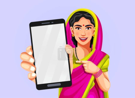 Portrait of a happy traditional Indian woman wearing a saree raising her hand to show a smartphone with an empty display to put an advertisement