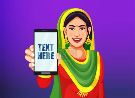 Indian traditional beautiful woman raised her hand to show a blank screen in mobile phone with copy space while standing concept vector illustration