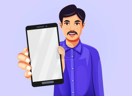 Portrait of a happy Indian man raising his hand to show a smartphone with an empty display to put an advertisement