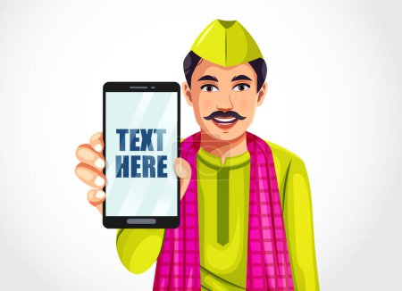 Indian rural man raises his hand to show a blank screen on a mobile phone with copy space to display an advertisement