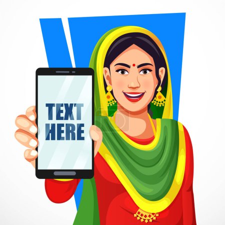 Femme rurale indienne lève la main pour montrer un écran vierge sur un téléphone portable avec un espace de copie pour afficher une publicité