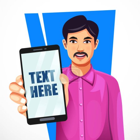 Un homme rural indien lève la main pour montrer un écran vierge sur un téléphone portable avec un espace de copie pour afficher une publicité