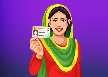 Vector of an Indian village woman with a smiling face showing her voter card in hand to cast a vote at polling station. Election in India concept