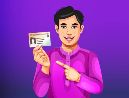 Vector of an Indian village man with a smiling face showing his voter card in hand to cast a vote at polling station. Election in India concept