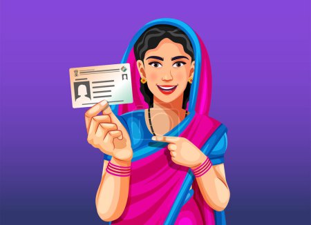Happy traditional Indian woman wearing saree showing voter card ID to cast vote at a polling station. National Voters Day concept