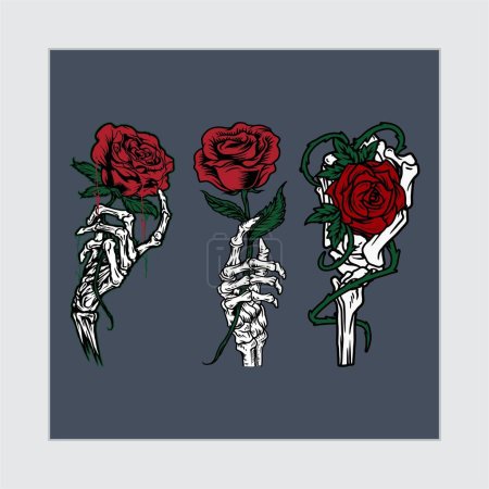 Rote Rose in Skelett Hand, Handzeichnung Vintage Skelett mit Blume