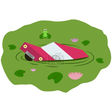 Illustration for The car is in the swamp. Frog on a water lily. Art illustration. Interesting drawing. - Royalty Free Image